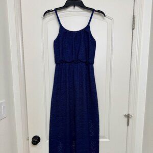 Navy blue lace maxi dress with spaghetti straps